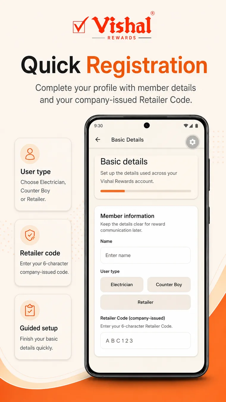 Quick registration — completing your profile with member details and a company-issued Retailer Code.