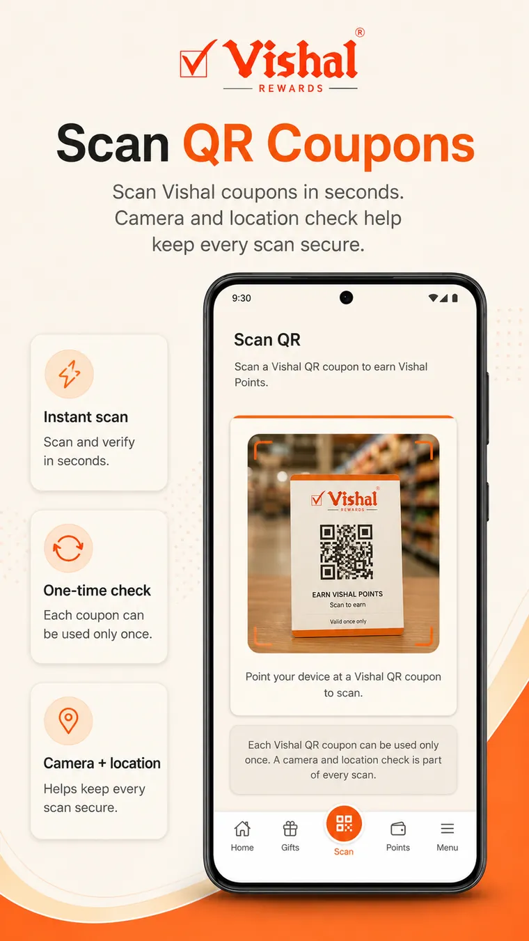 Scan QR coupons — scanning a Vishal coupon in seconds, with camera and location checks on every scan.