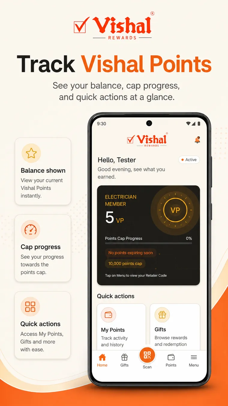Track Vishal Points — the home screen showing points balance, points cap progress and quick actions.