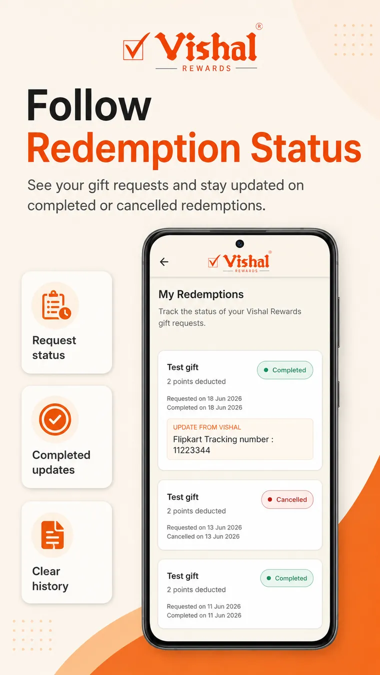 Follow redemption status — gift requests with completed and cancelled updates, including tracking details.
